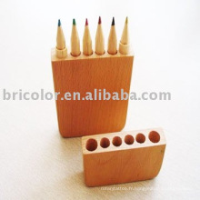 6 crayons de couleur dans une boîte en bois